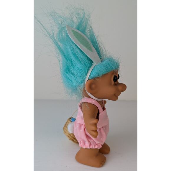 VTG Russ Easter Bunny Troll Doll 4" Girl Blue Hair Easter Egg Basket Pink Romper - Picture 4 of 6